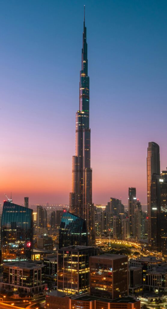 Captivating sunrise over Dubai's skyline with the iconic Burj Khalifa standing tall.