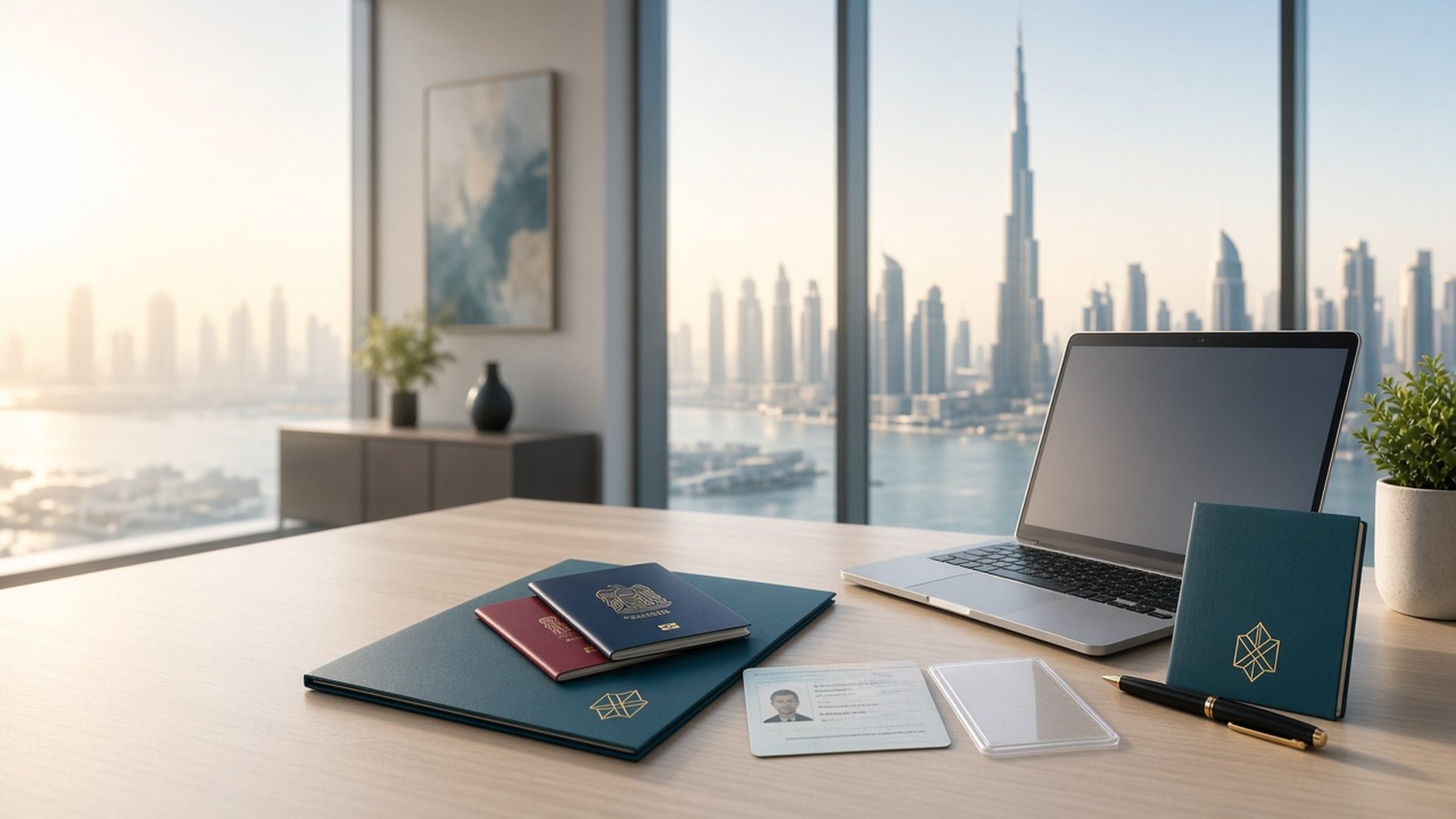 Business setup in UAE and Dubai – company documents, passport and laptop with the Dubai skyline, AW Document Clearing Services
