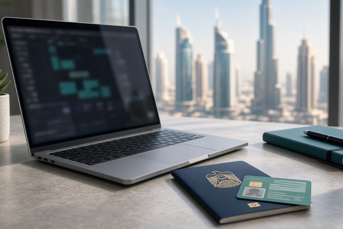 Freelance visa UAE and Dubai – passport, freelance permit and laptop on a desk with the Dubai skyline